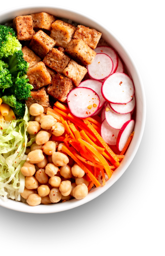 Bowl of vegetables, tofu, and chickpeas.